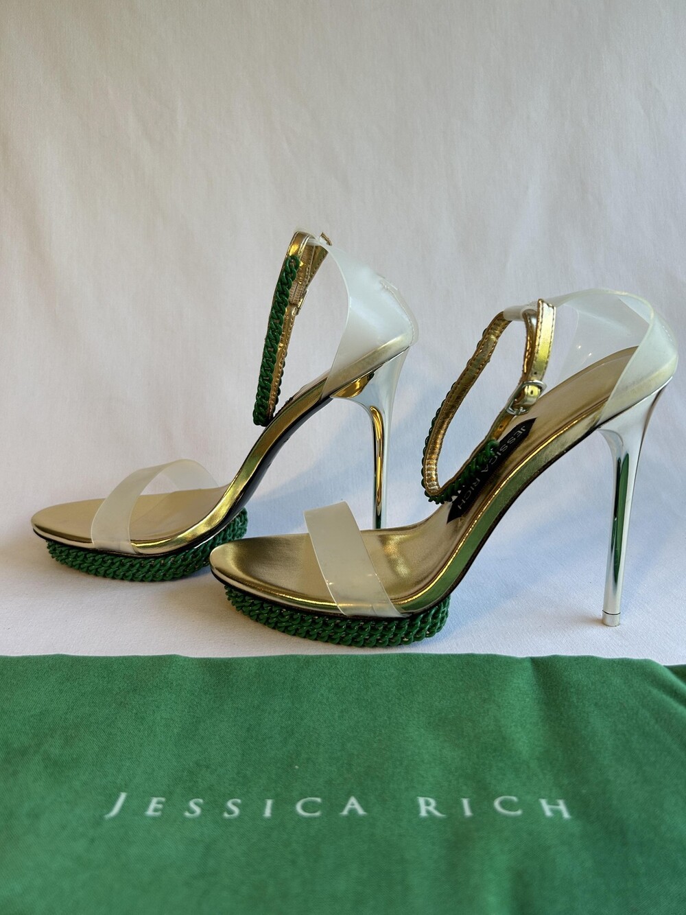 Jessica Rich Shoes Womens Size 38 Stiletto Gold Green Chain Heels Sandals New